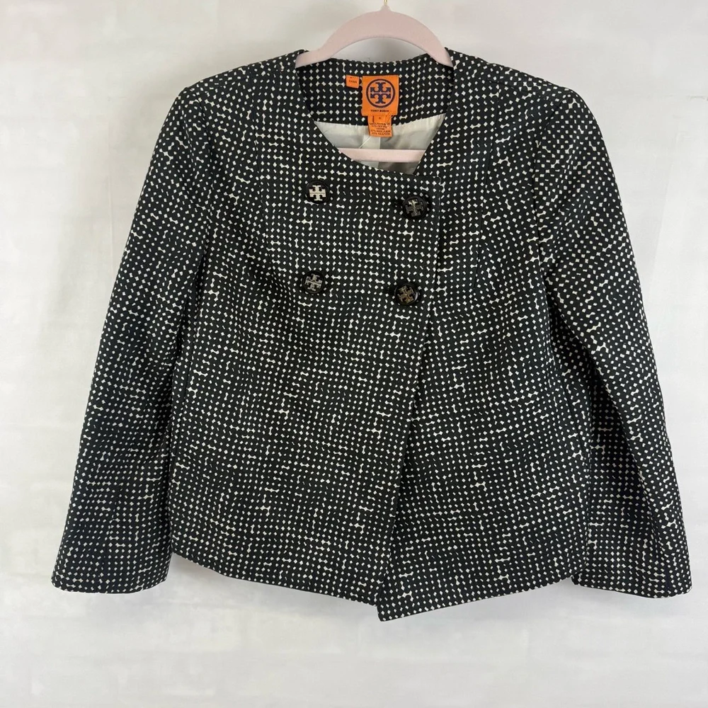 Tory Burch Women’s Sz 6 Jacket Black White Tweed Silk Wool Blend Double Breasted